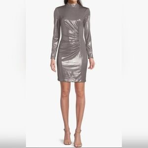 Vince Camuto Silver Metallic Rusched Mockneck Sheath Mini Cocktail Dress